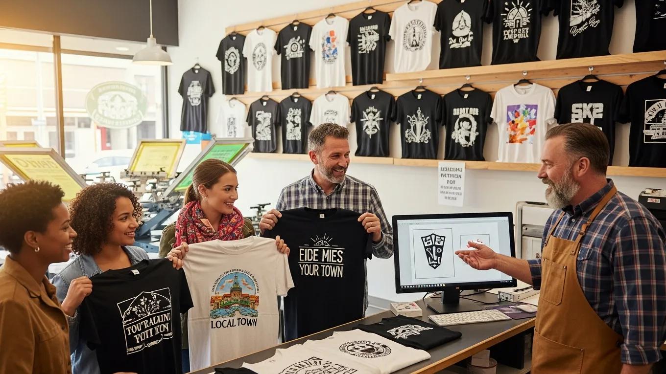 Customers enjoying a personalized experience at a local shirt printer, emphasizing community and quality.