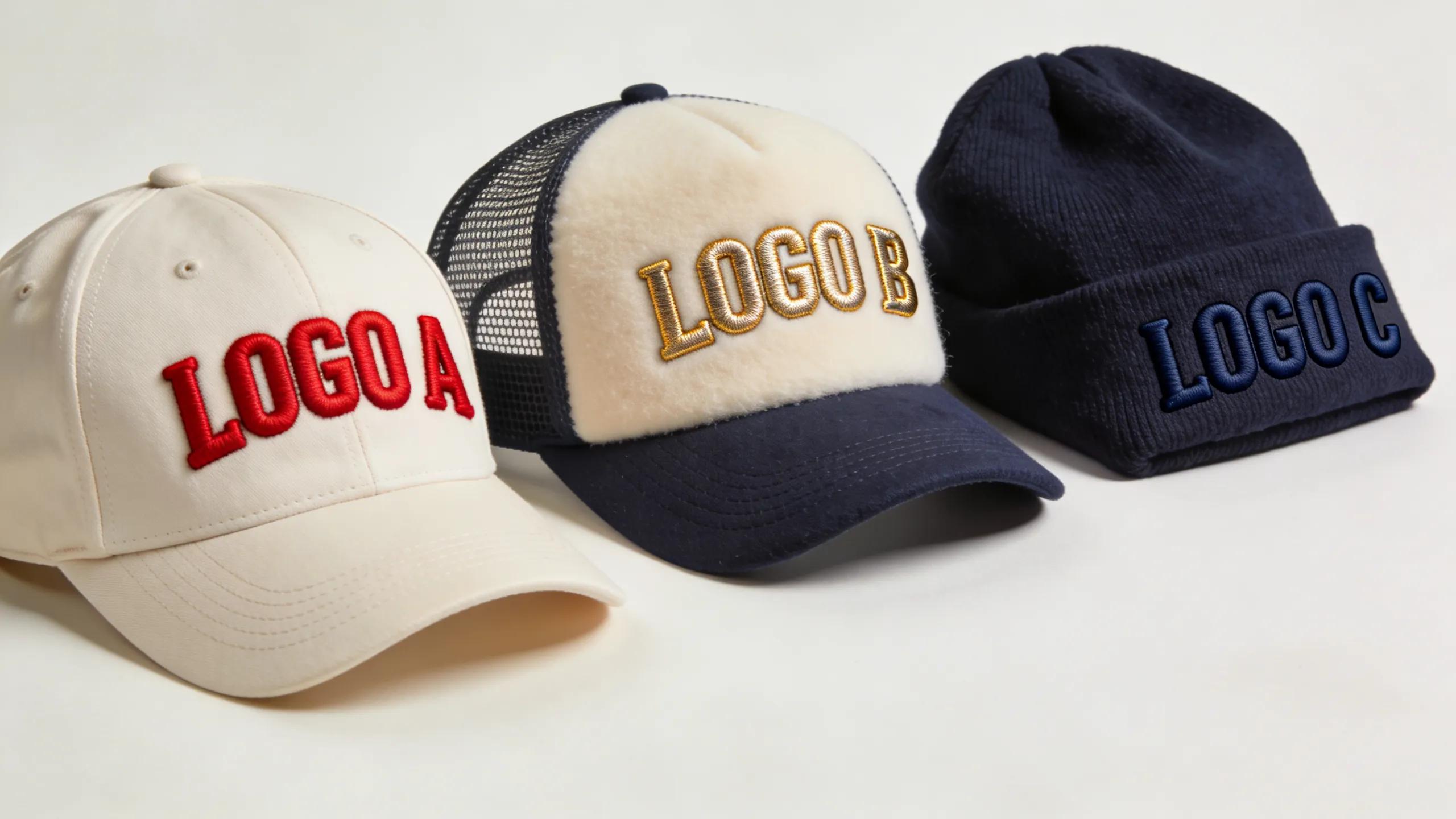 Diverse types of caps including baseball cap, trucker hat, and beanie highlighting various logo embroidery