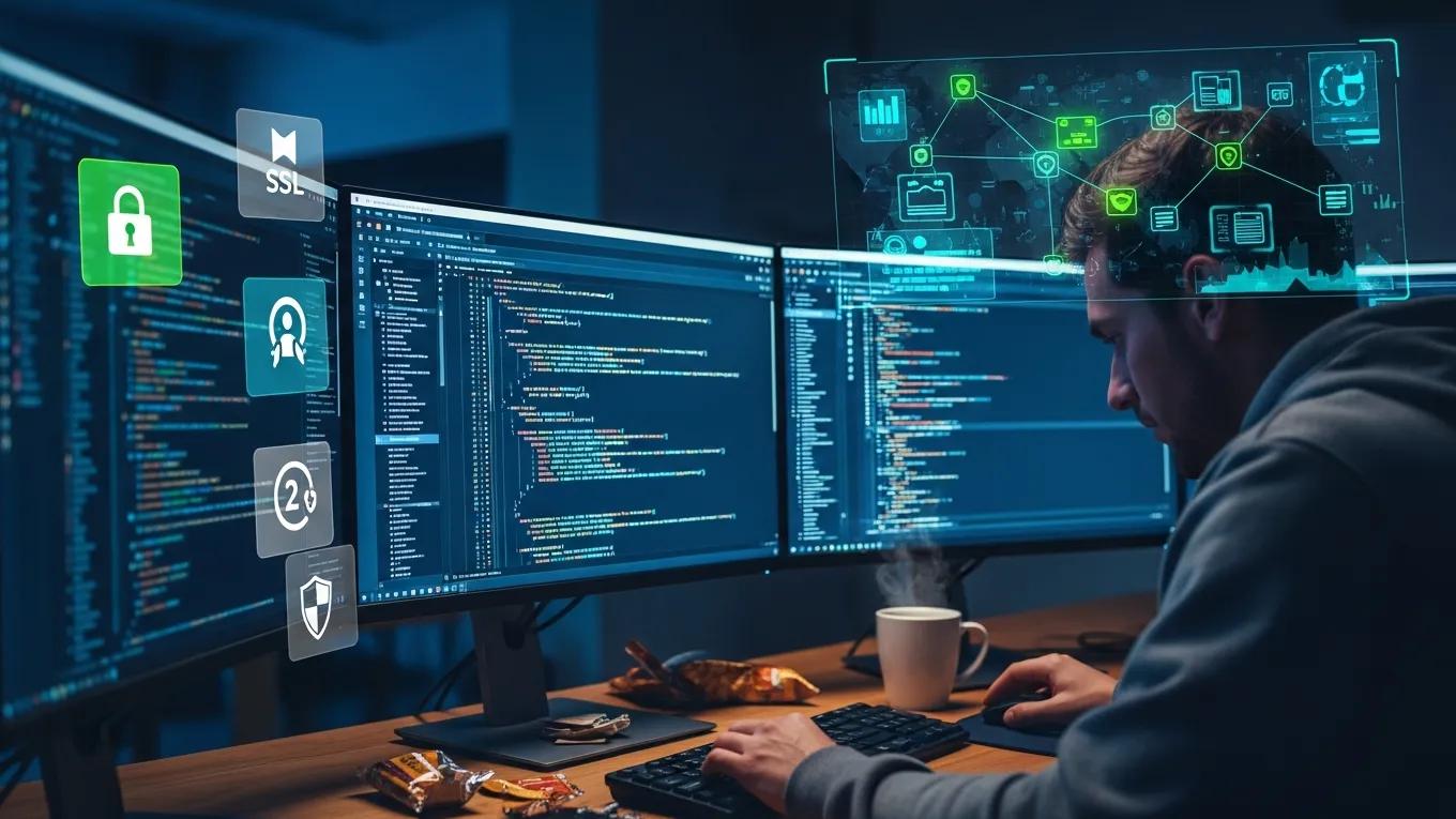 Developer working on secure website with code and security elements in the background