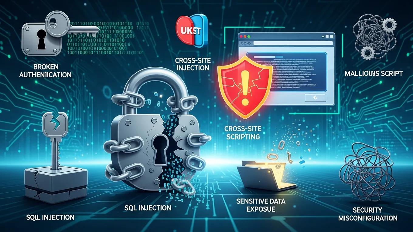 Digital representation of common website vulnerabilities with broken chains and warning signs