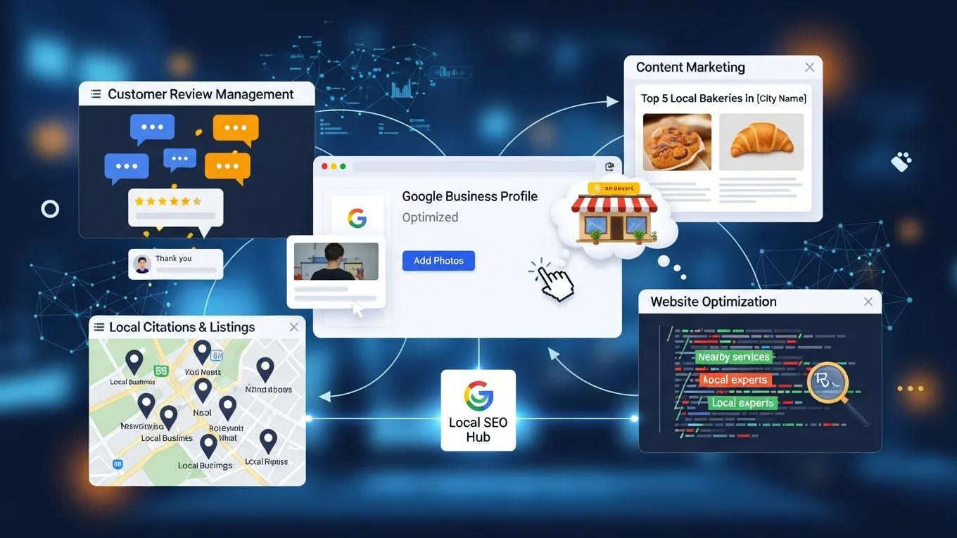 Local SEO strategies including Google Business Profile optimization and customer review management for nearby businesses.