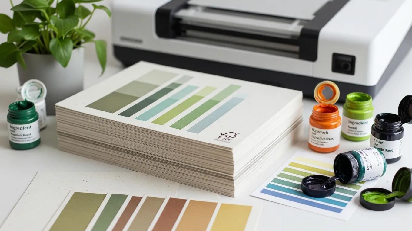 Eco-friendly card printing materials including recycled paper and vegetable-based inks in a sustainable printing setup