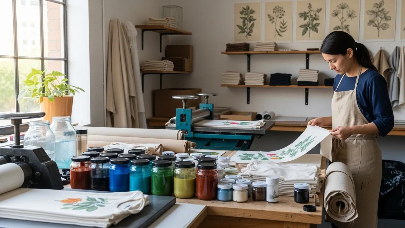Eco-friendly printing practices and sustainable materials in a custom printing studio.