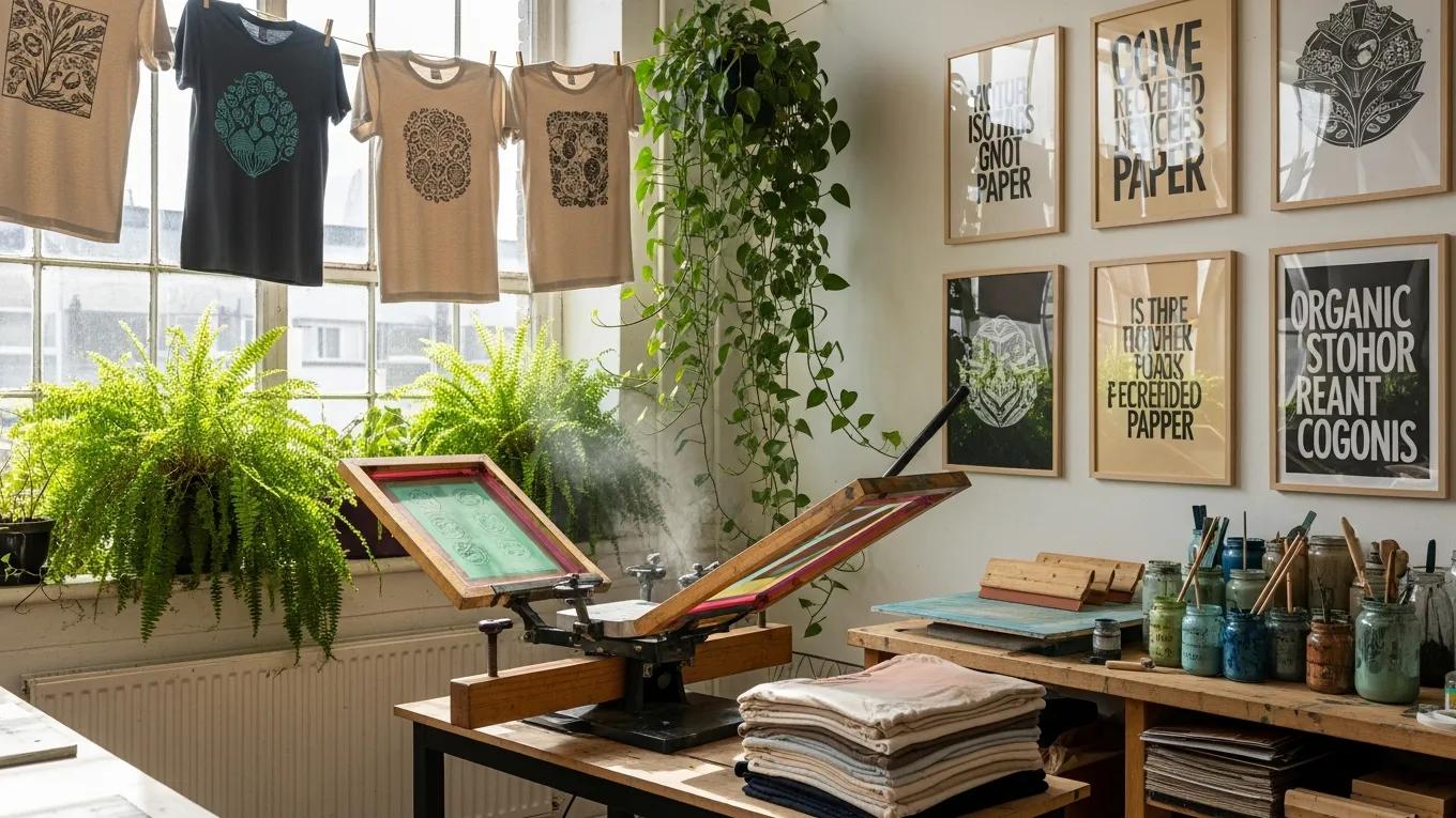 Eco-friendly screen printing area with organic fabrics and natural inks, promoting sustainability