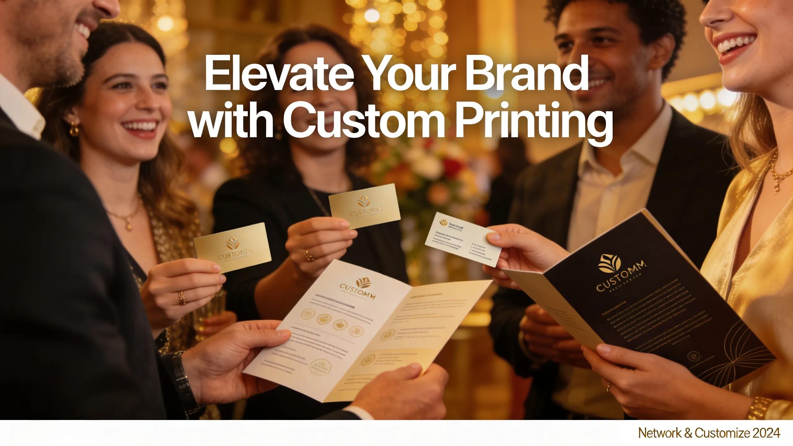 Happy clients engaging with custom printed materials in a networking setting