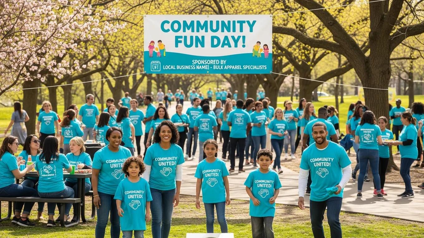 Group of people in matching custom shirts at a community event, illustrating the benefits of bulk ordering