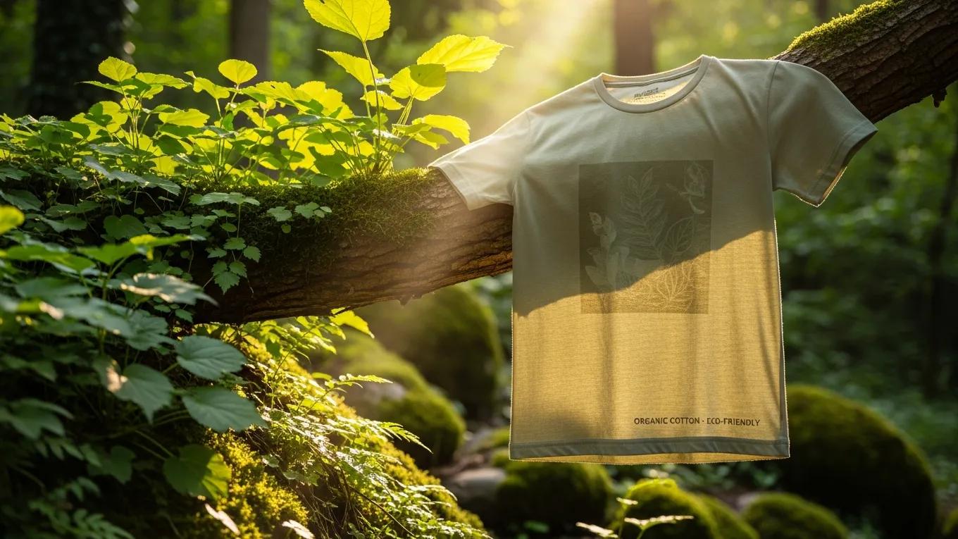 Organic cotton t-shirt displayed in a natural setting highlighting eco-friendly materials and sustainable practices.