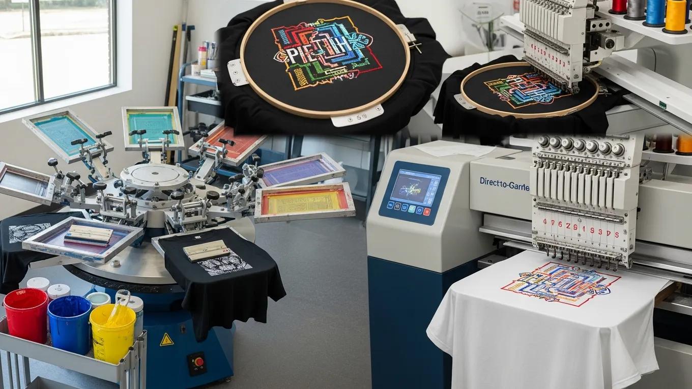 Image showing screen printing, digital printing, and embroidery techniques for custom t-shirts