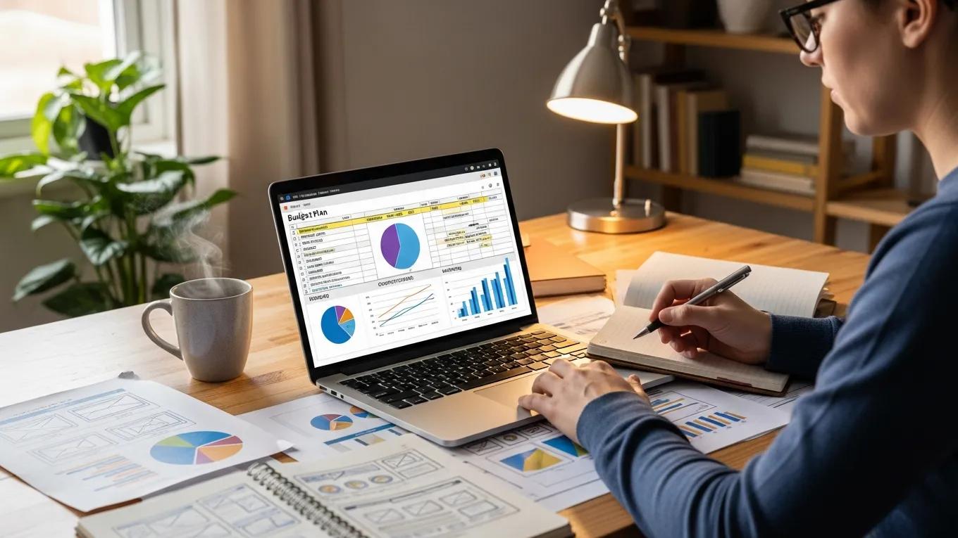 Individual analyzing website development budget with charts and notes