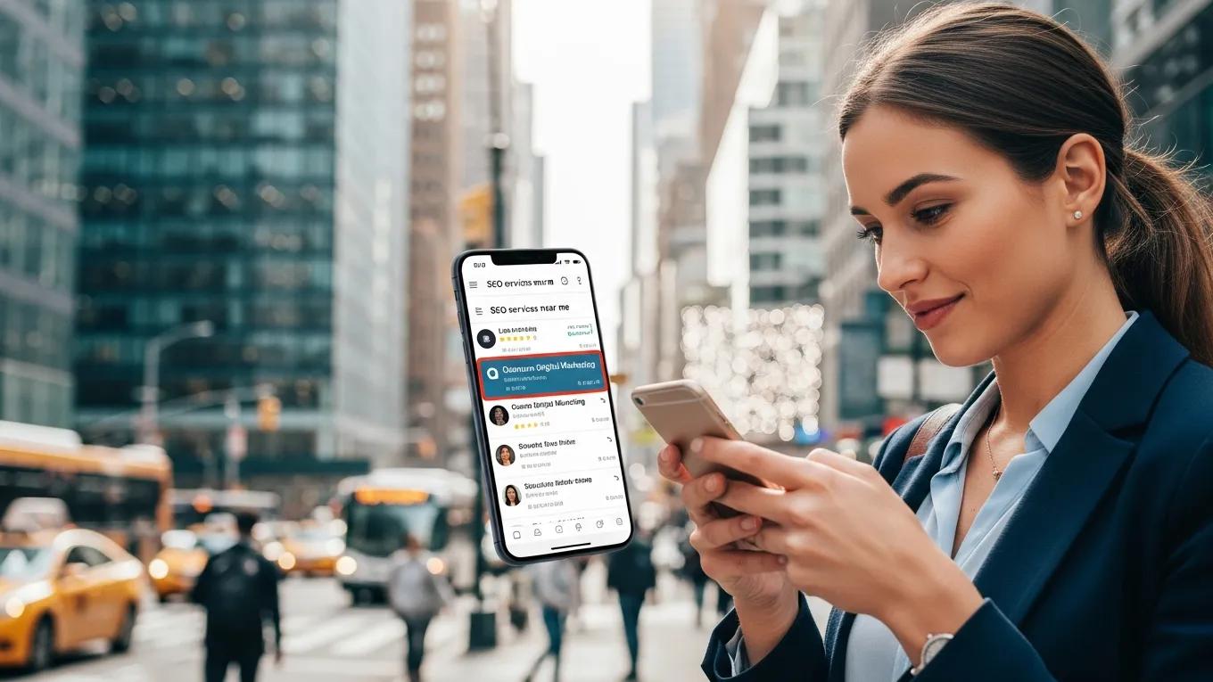 Individual searching for local SEO services on a smartphone in a vibrant city
