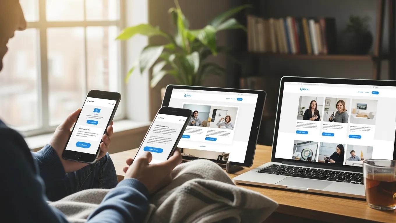 Person interacting with responsive website design across multiple devices, showcasing improved user experience.