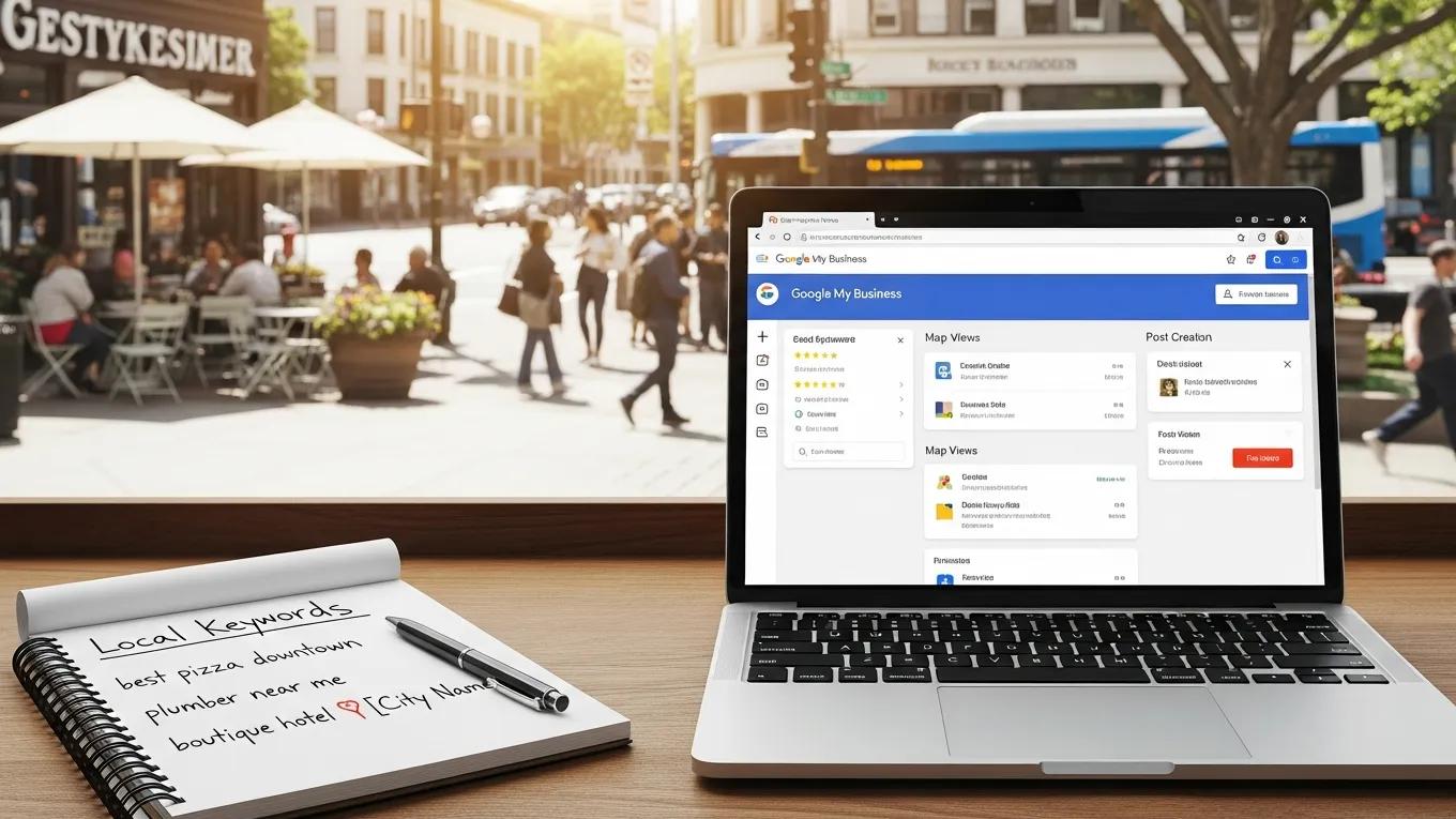 Laptop displaying Google My Business dashboard with local street scene, representing key features of local SEO packages