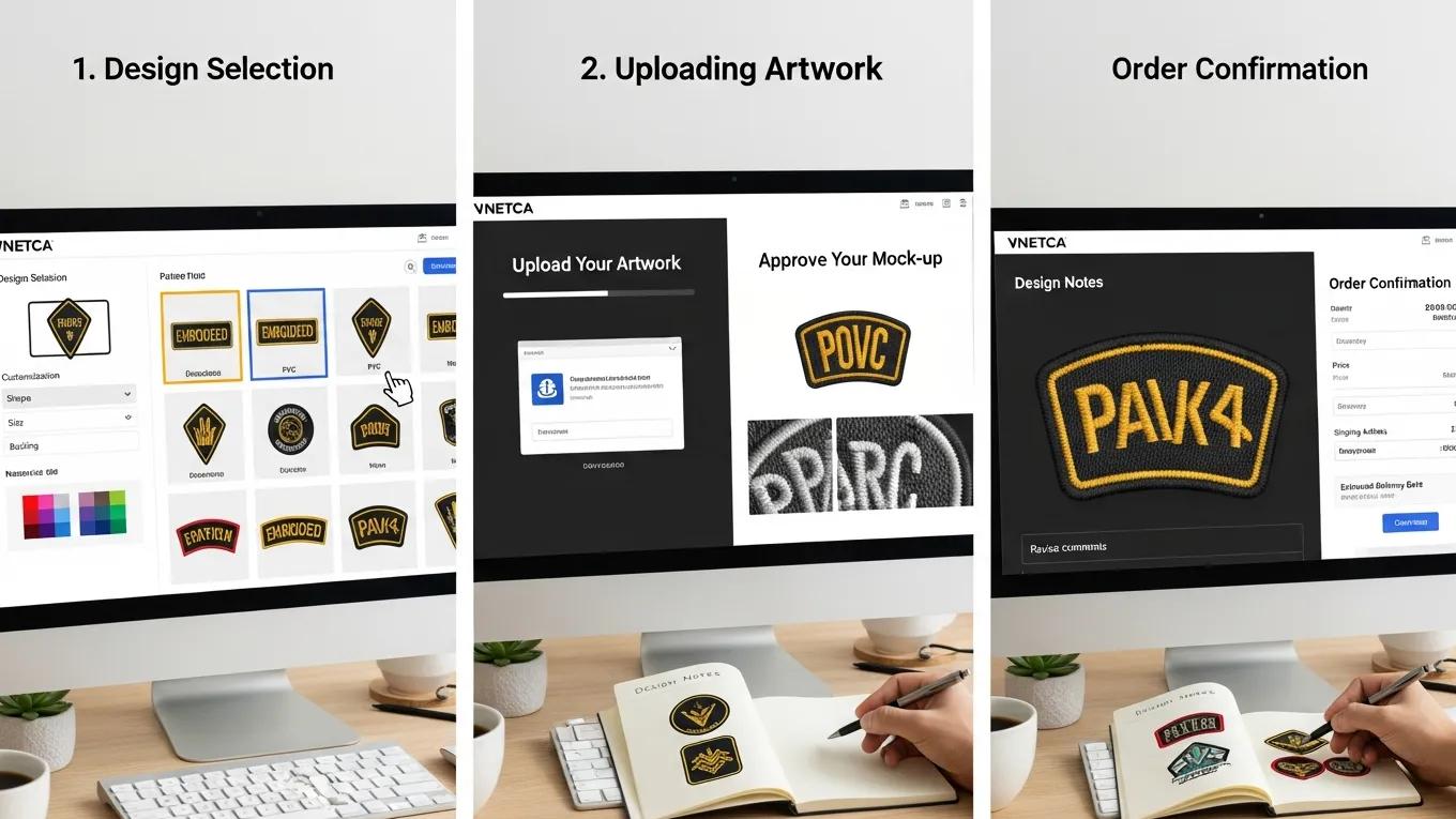 Online interface for ordering custom patches, illustrating the design selection and personalization steps