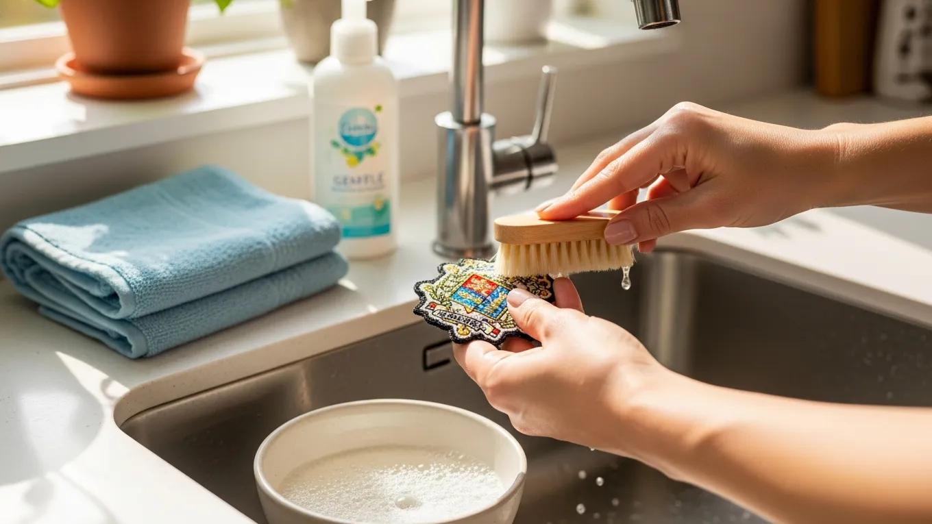 Person cleaning custom embroidered badge with care and gentle technique