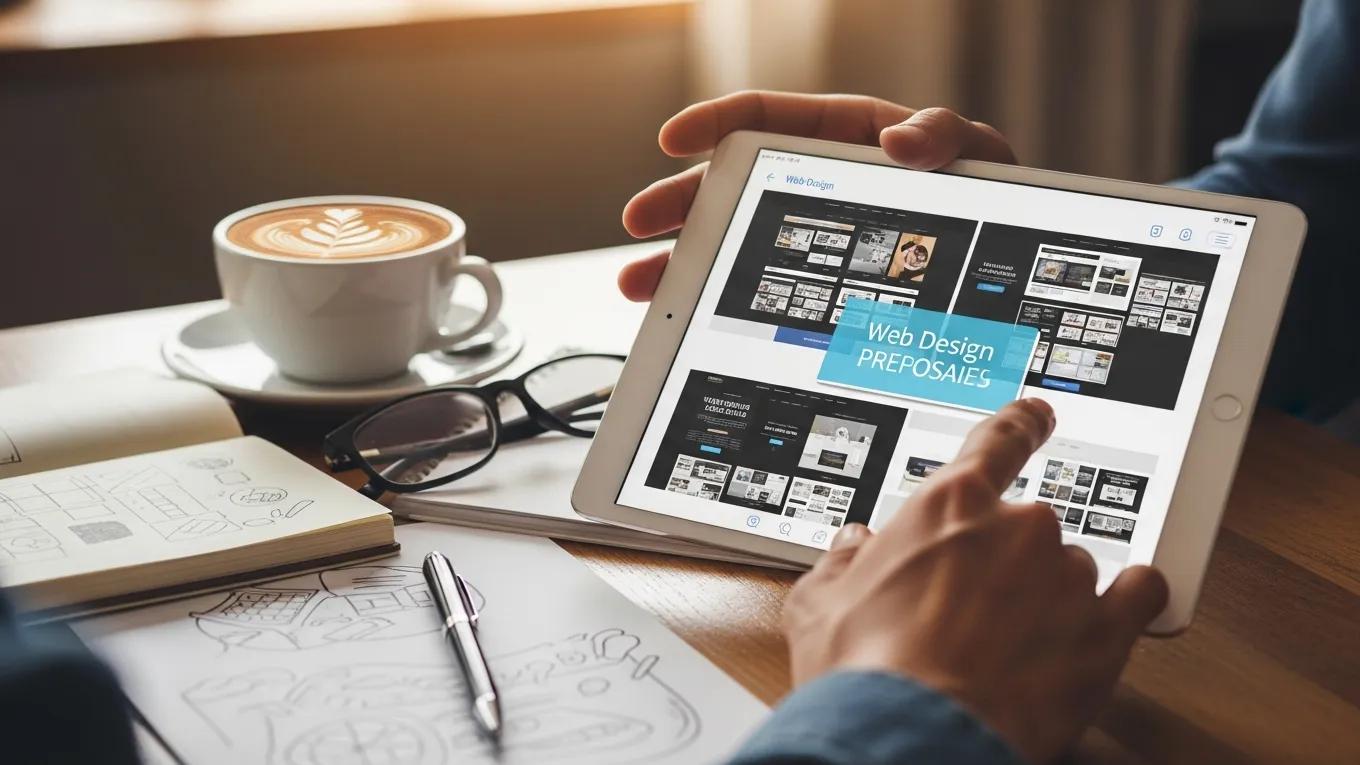 Person reviewing web design service proposals on a tablet in a cozy workspace