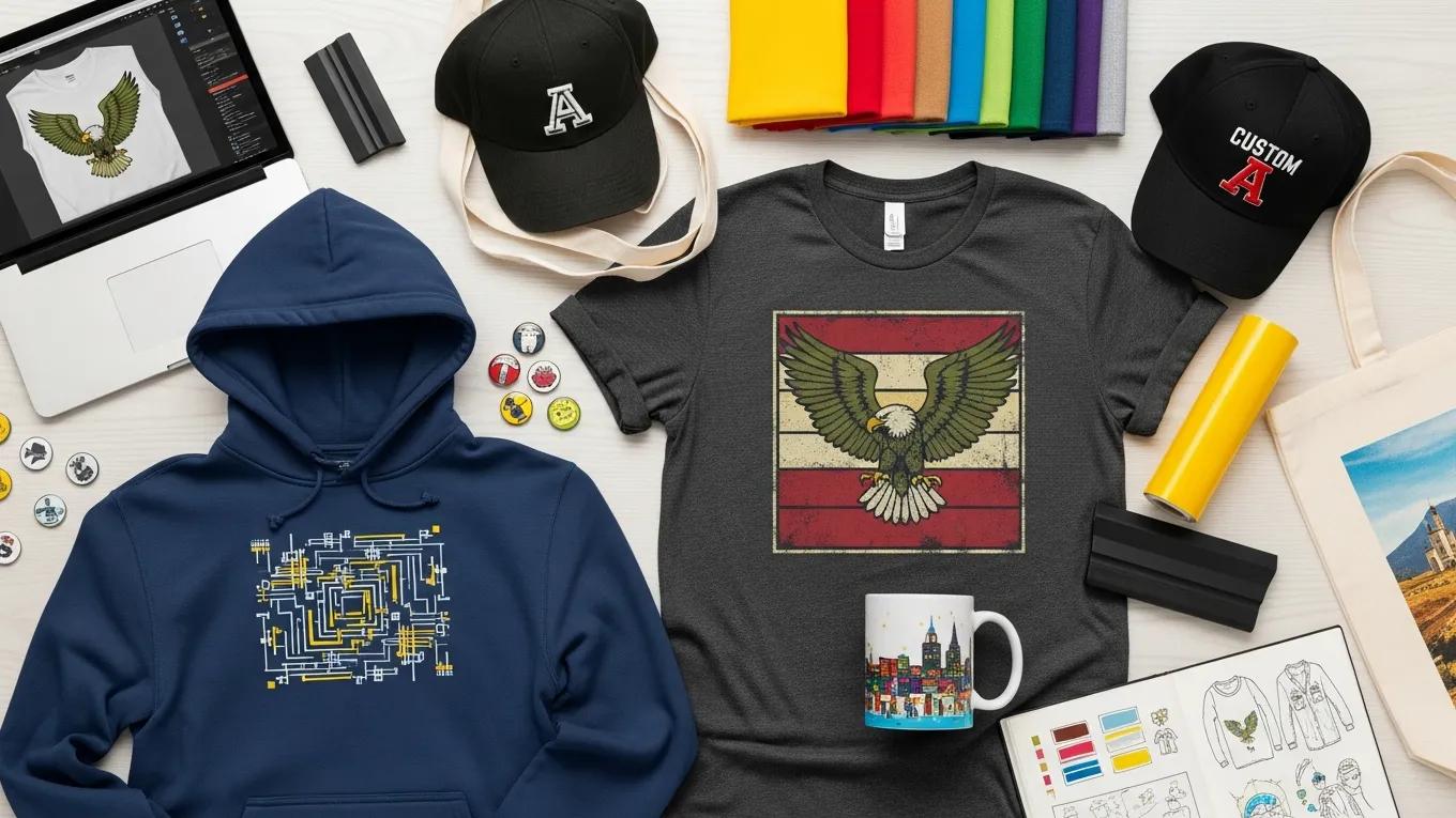 Selection of personalized apparel items highlighting various printing techniques and customization options