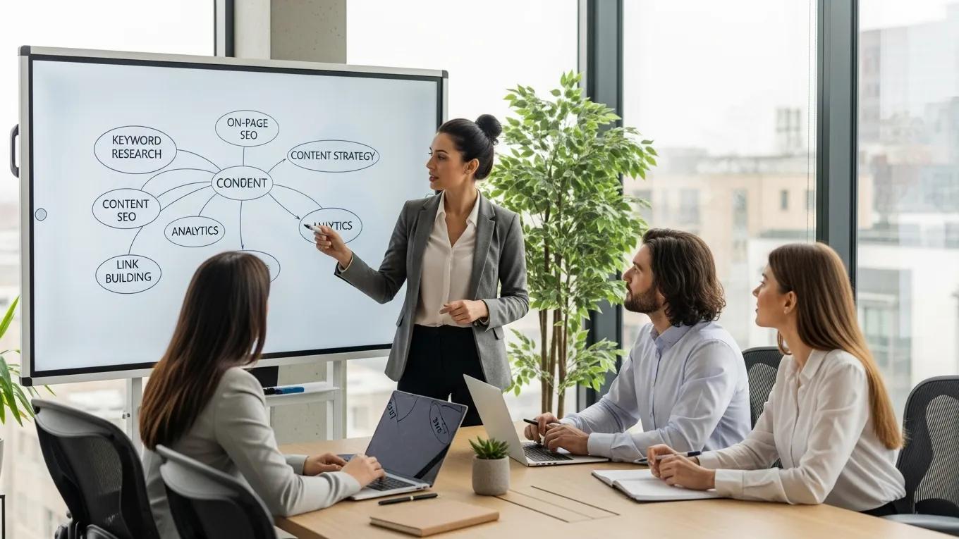 SEO consultant collaborating with small business team in modern office, emphasizing the role of consultancy in local search performance
