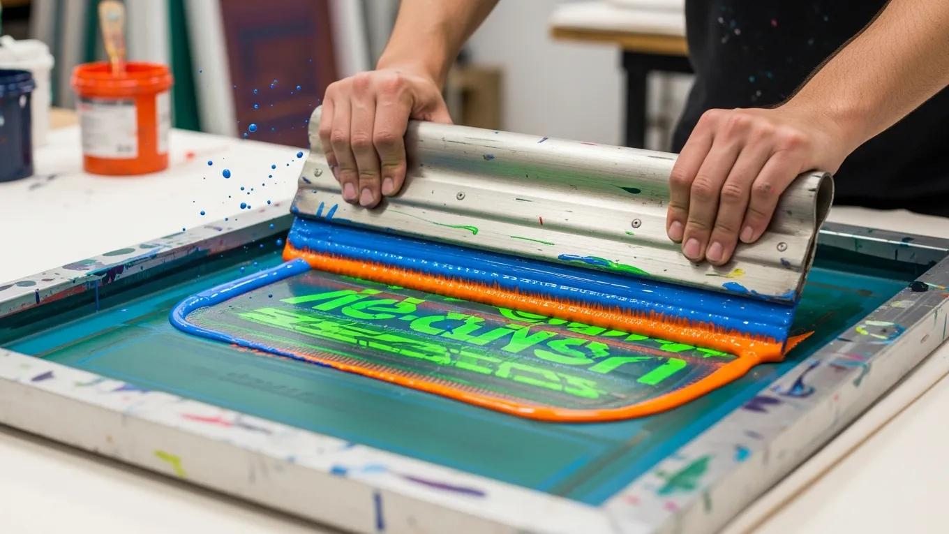 Skilled printer demonstrating the screen printing technique with vibrant inks