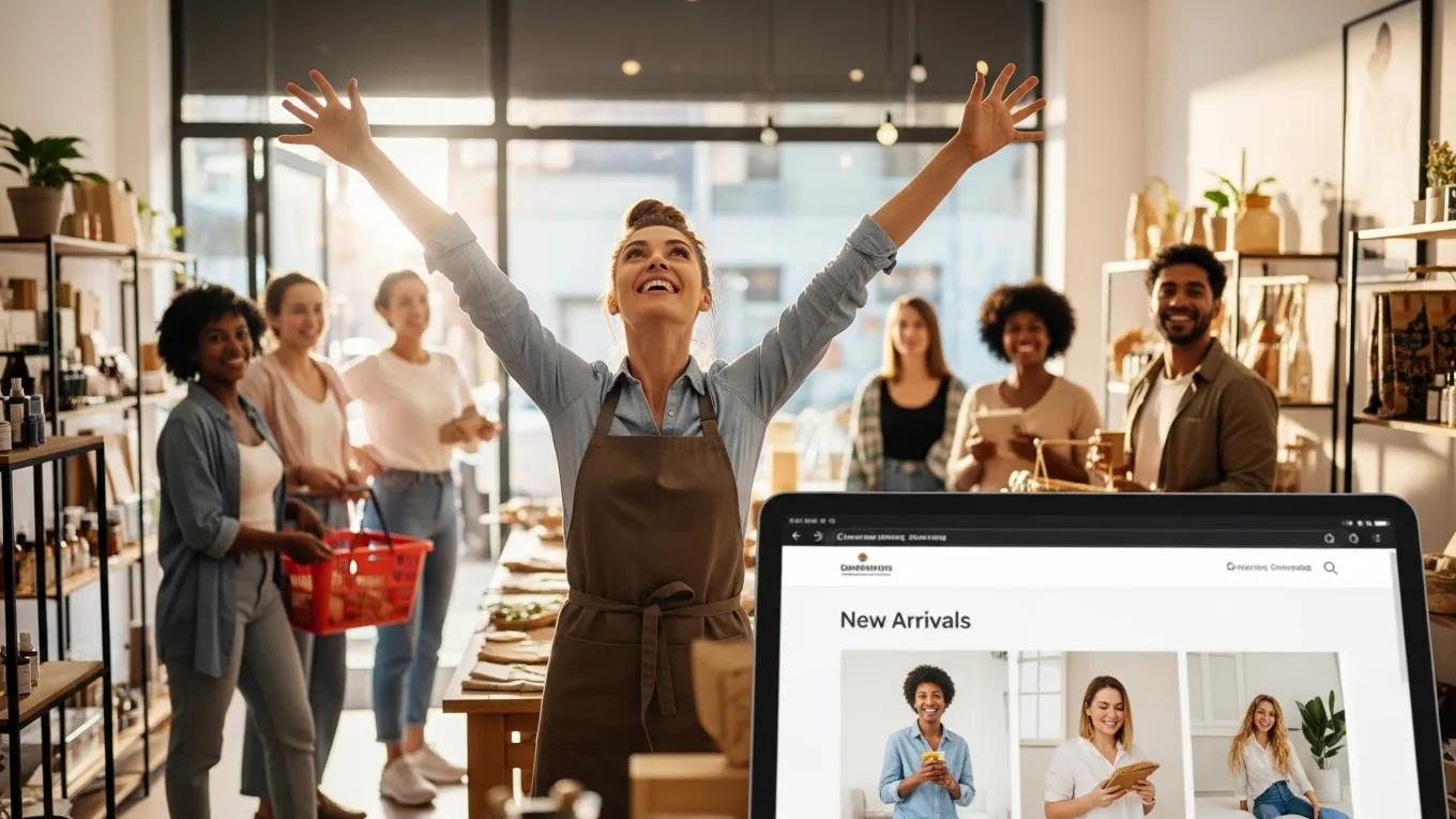 Small business owner celebrating success after launching a custom website, illustrating online presence improvement