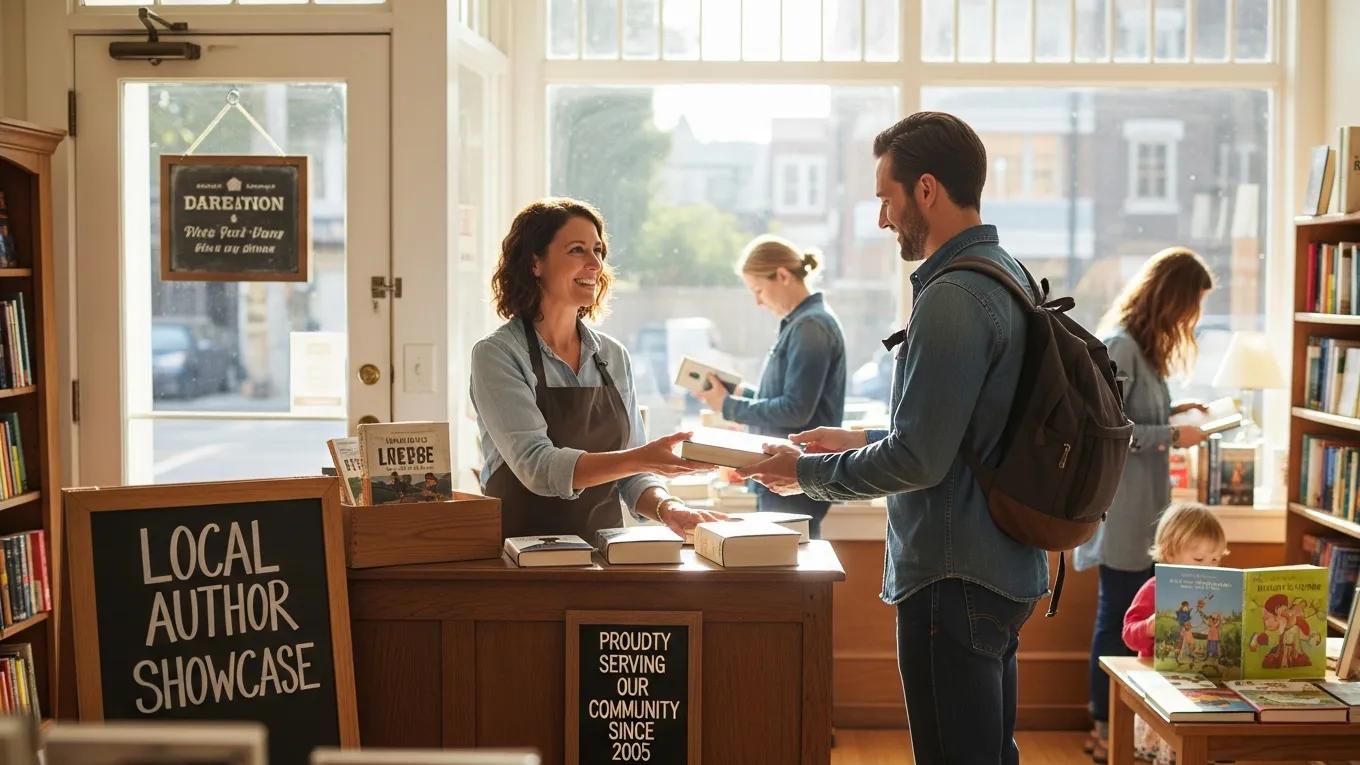 Small business owner engaging with customers, showcasing local community involvement