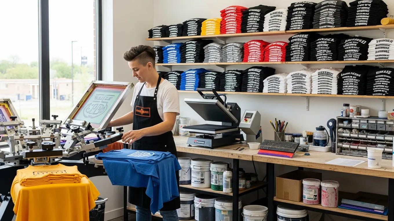 Small business owner managing bulk t-shirt printing process in a workshop and using a heat press machine.