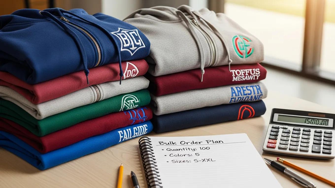 Stack of colorful custom hoodies with budgeting tools, illustrating cost savings in bulk orders