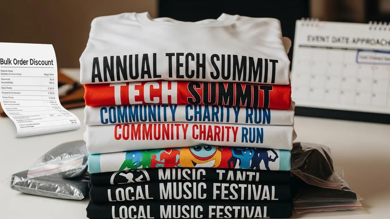 Stack of custom t-shirts showcasing bulk order savings and various designs ready for an event.