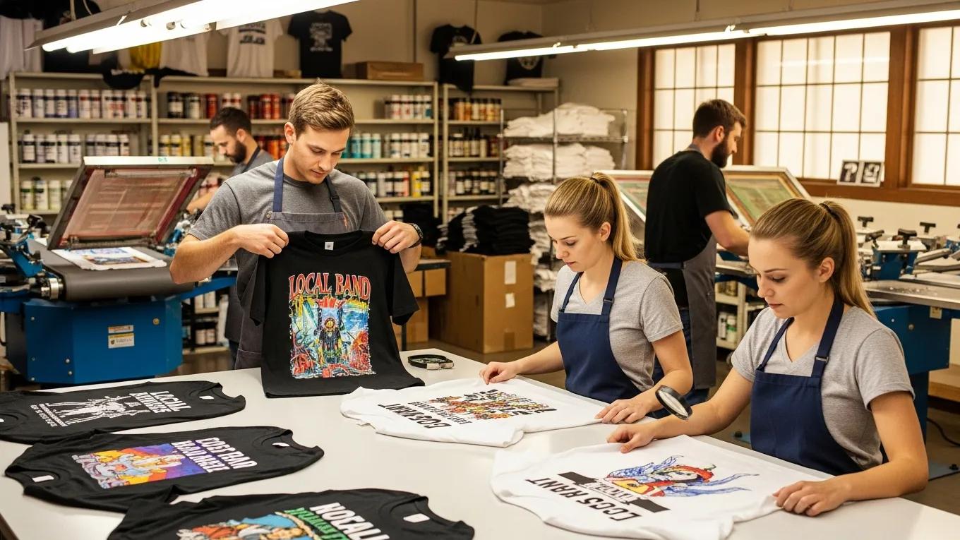 Staff conducting quality checks on freshly printed custom t-shirts at a local printing shop, highlighting meticulous attention to detail and quality assurance.