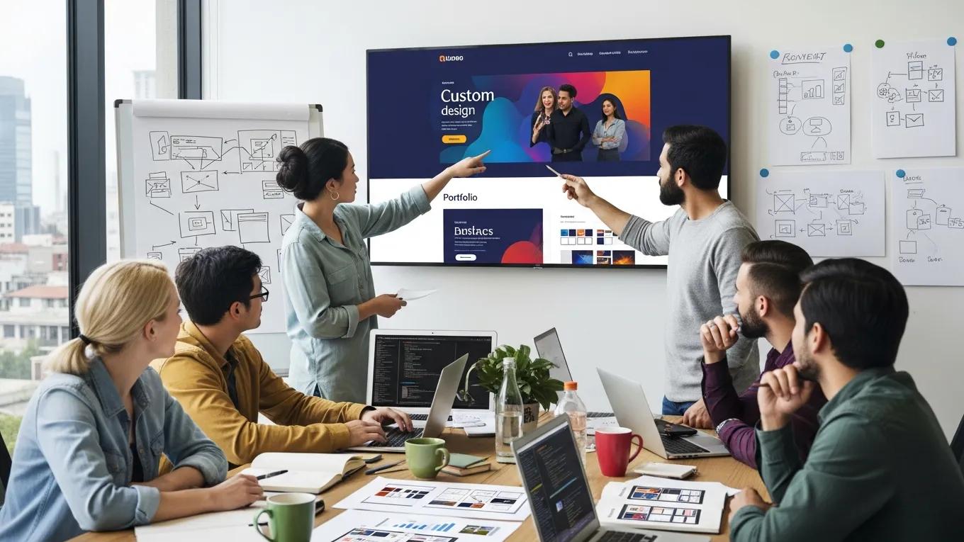 Team collaborating on custom website design emphasizing business growth advantages