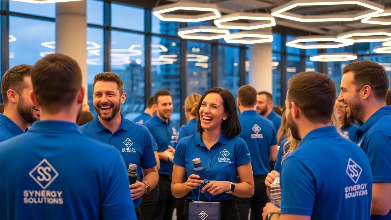 Team members wearing custom monogrammed apparel at a corporate event, emphasizing the importance of personalized branding.