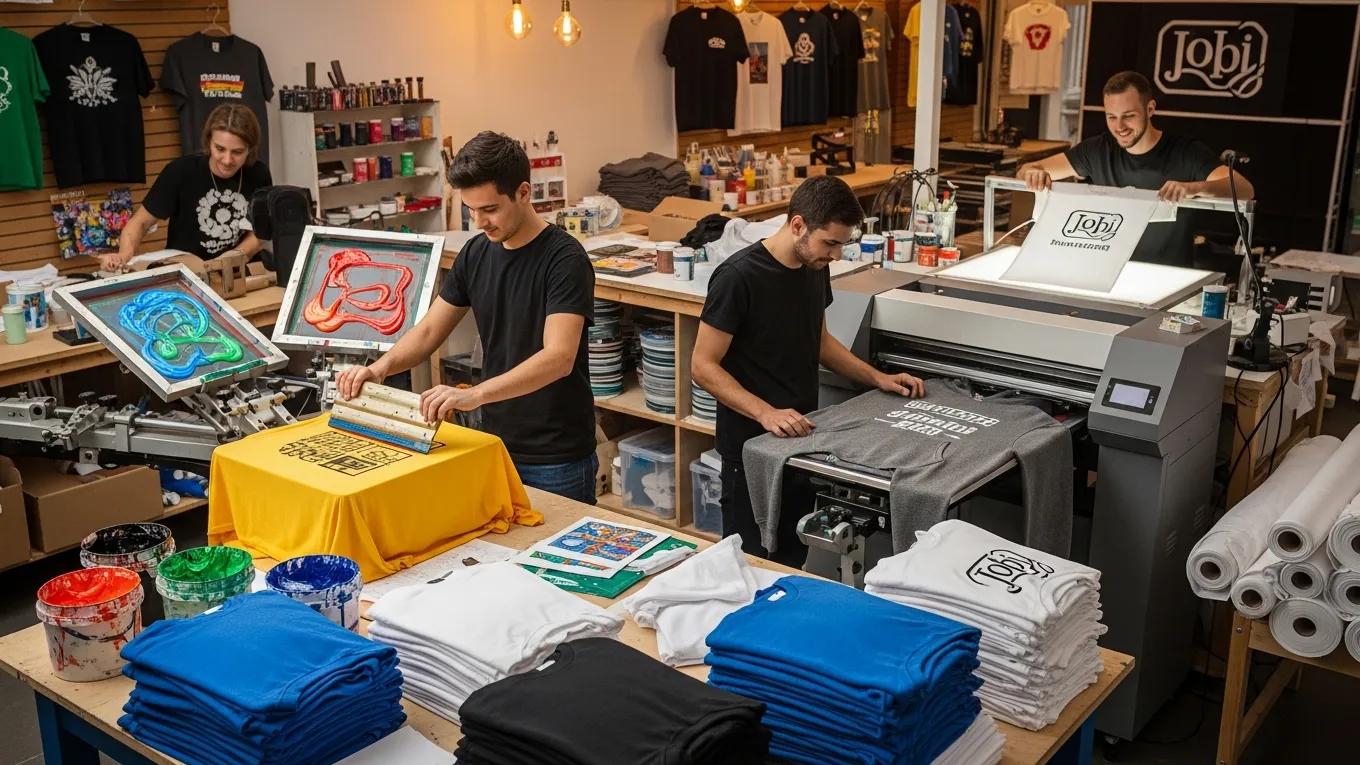 The workspace of a local t-shirt printing shop with printing machines and staff actively working