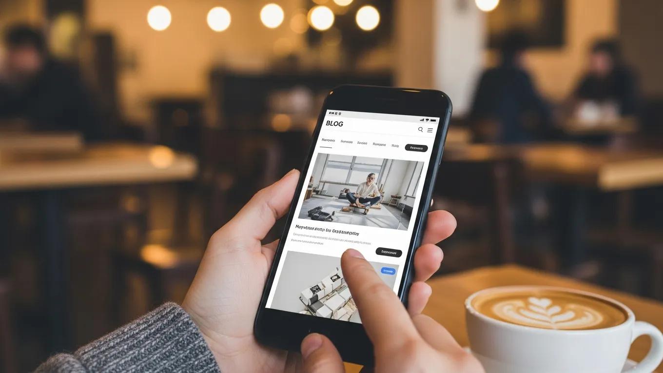 User browsing a responsive website on a smartphone in a café setting