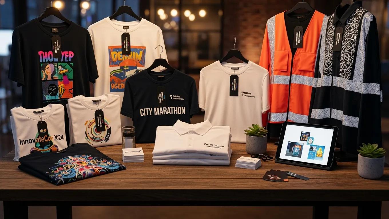 Variety of custom event apparel including T-shirts, polo shirts, and reflective jackets displayed for a fundraiser
