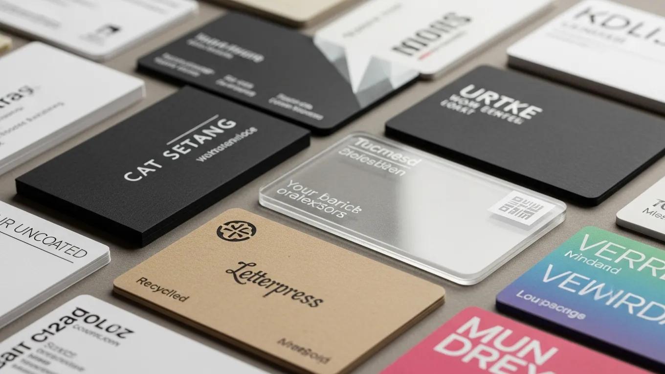 Variety of distinctive business card designs showcasing different styles, materials, and branding approaches