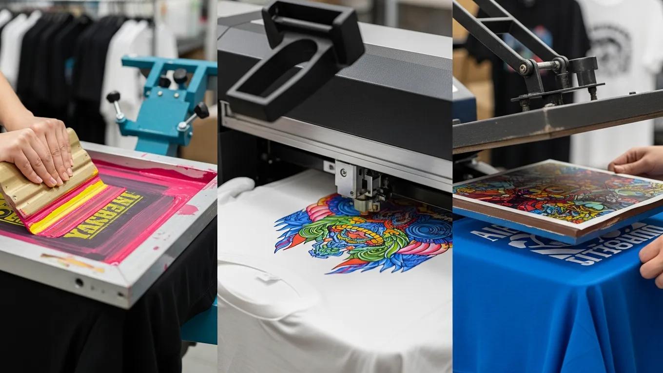 Custom t-shirt printing methods: screen printing, DTG printing, and heat transfer printing examples.