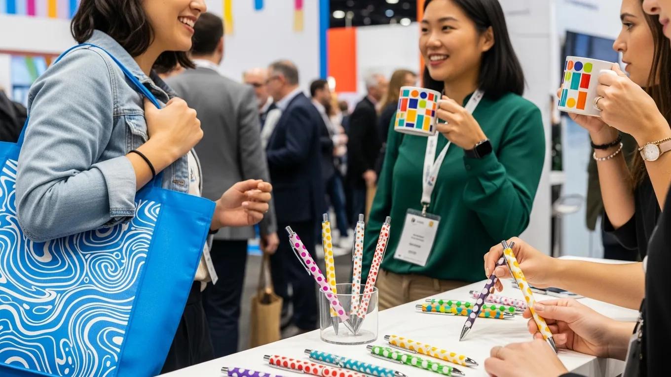 Promotional products and custom apparel enhancing brand visibility at a corporate event.