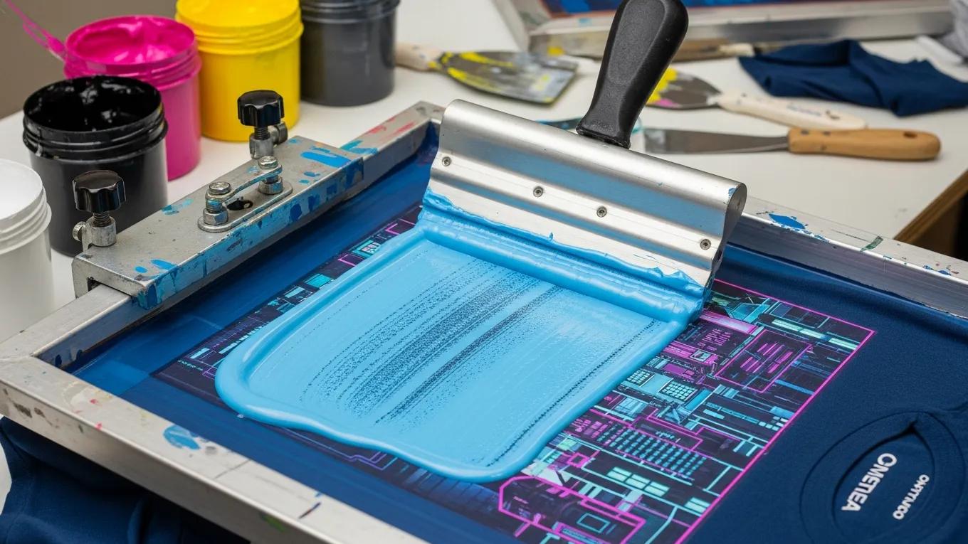 Visual of the screen printing process, showing ink application through a mesh screen onto a custom shirt