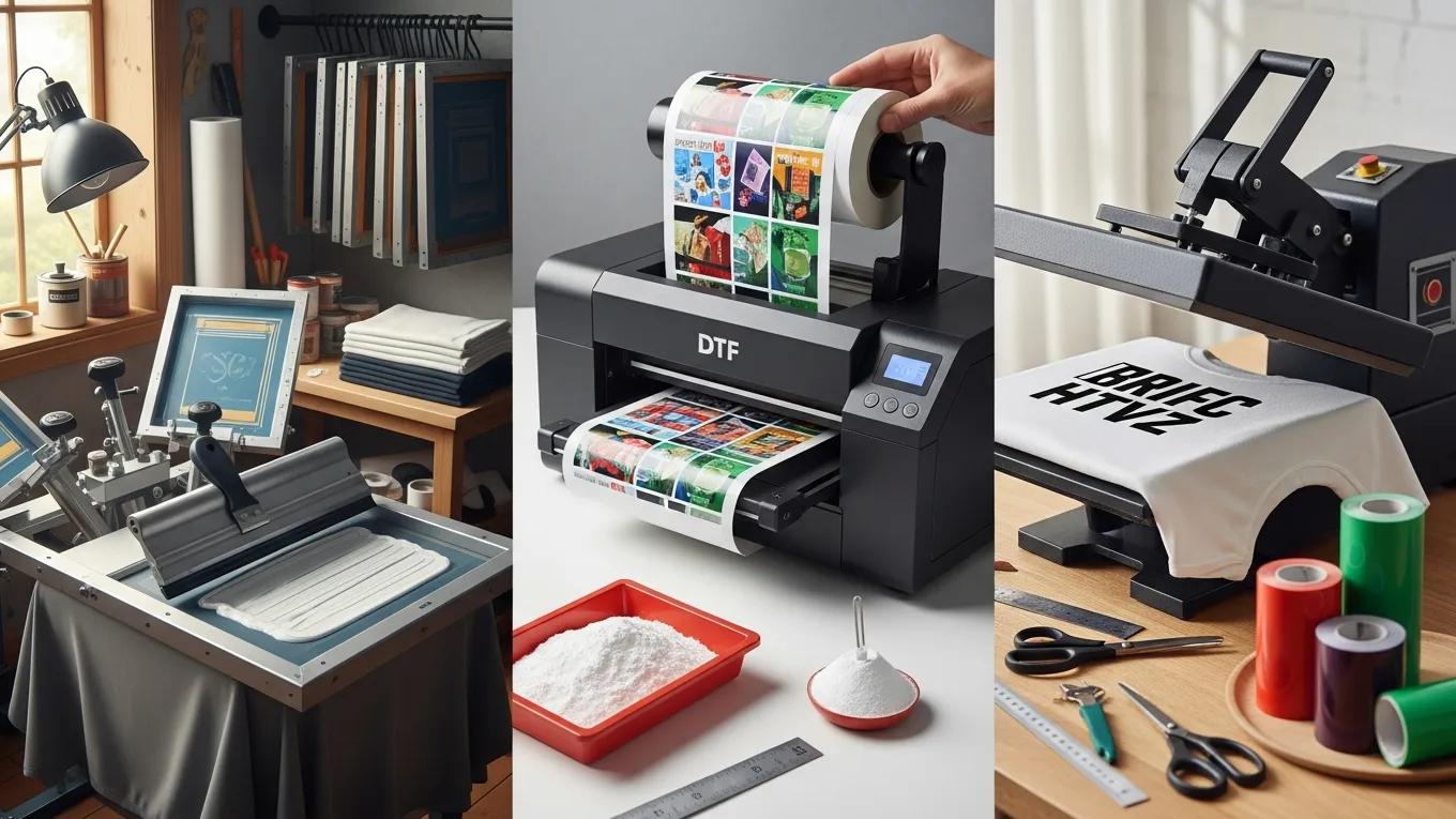 Visual representation of key custom printing techniques such as screen printing and heat transfer in a creative workspace