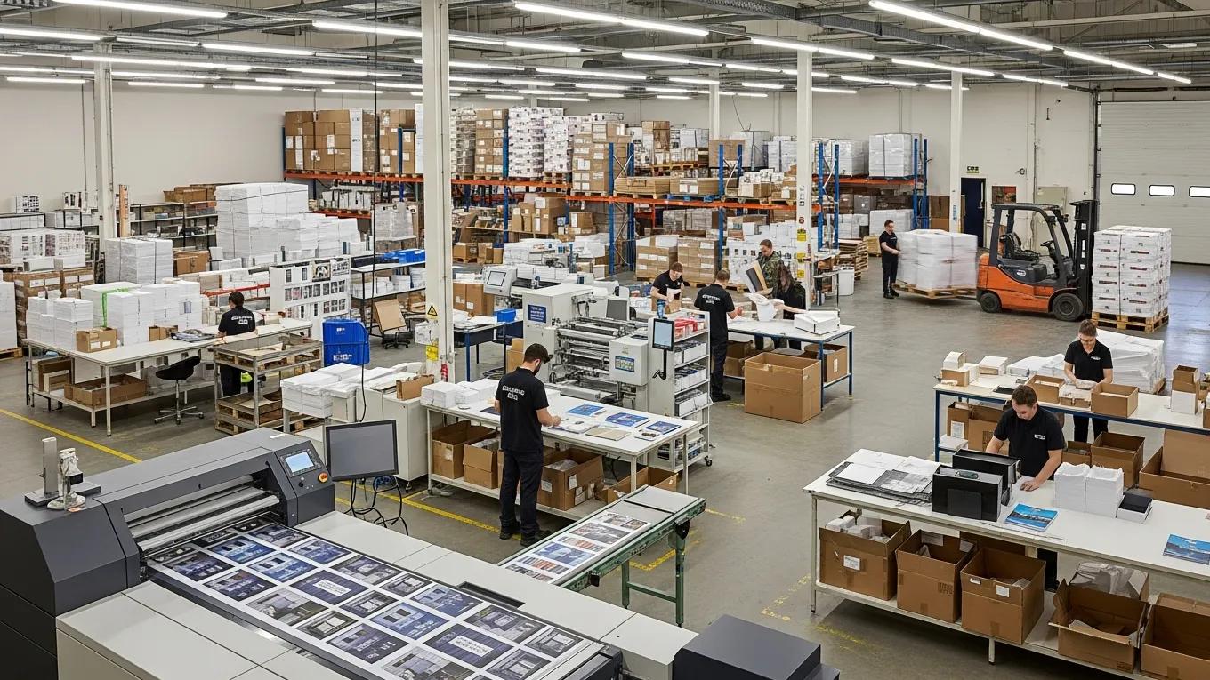 Warehouse scene displaying bulk custom printed materials being produced and packaged, emphasizing efficiency in printing