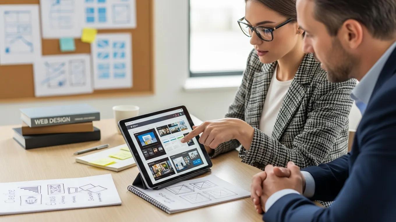 Web designer and client collaborating on custom website layout design.