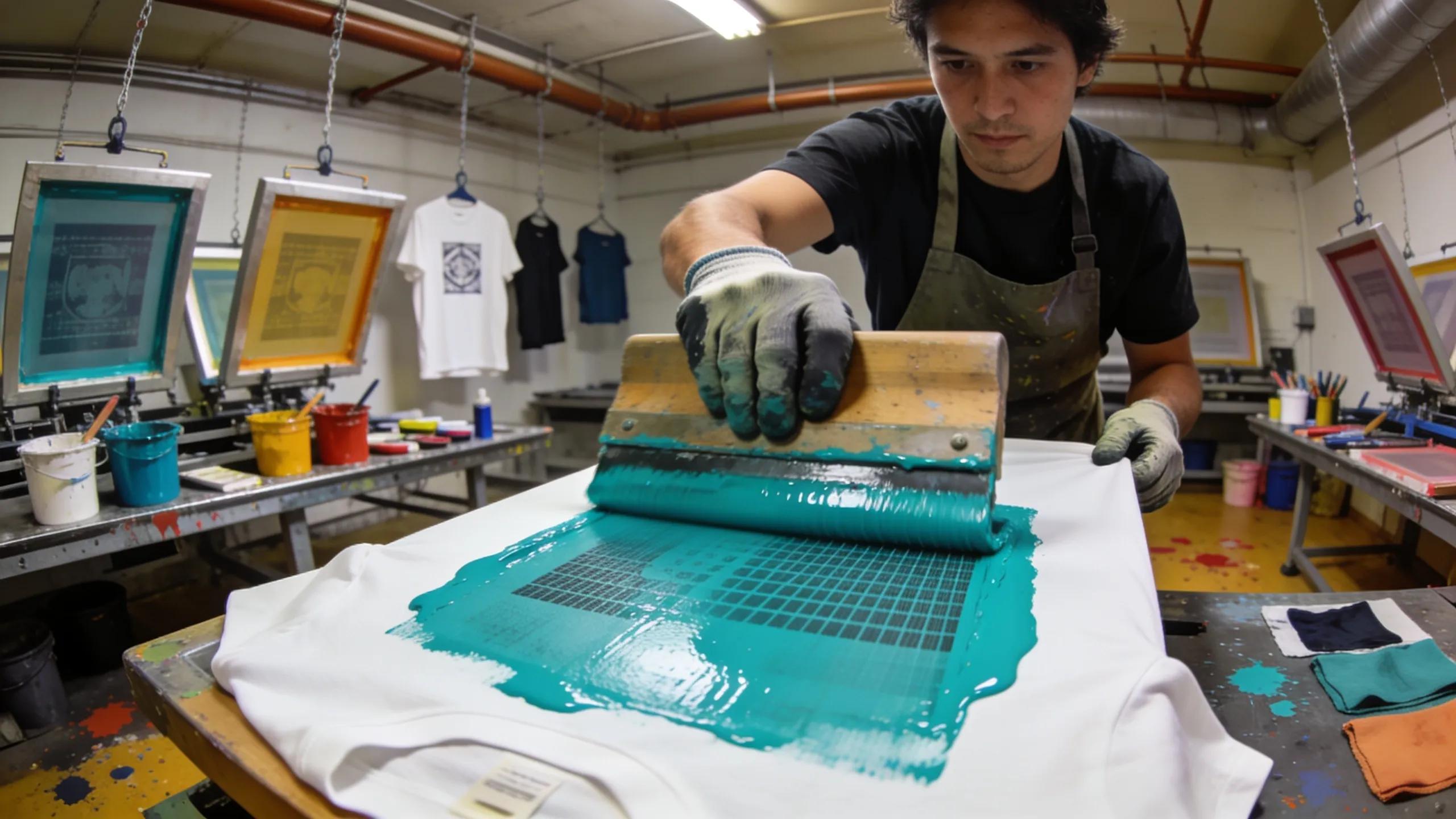 Screen printing process demonstrating vibrant colors being applied to custom apparel