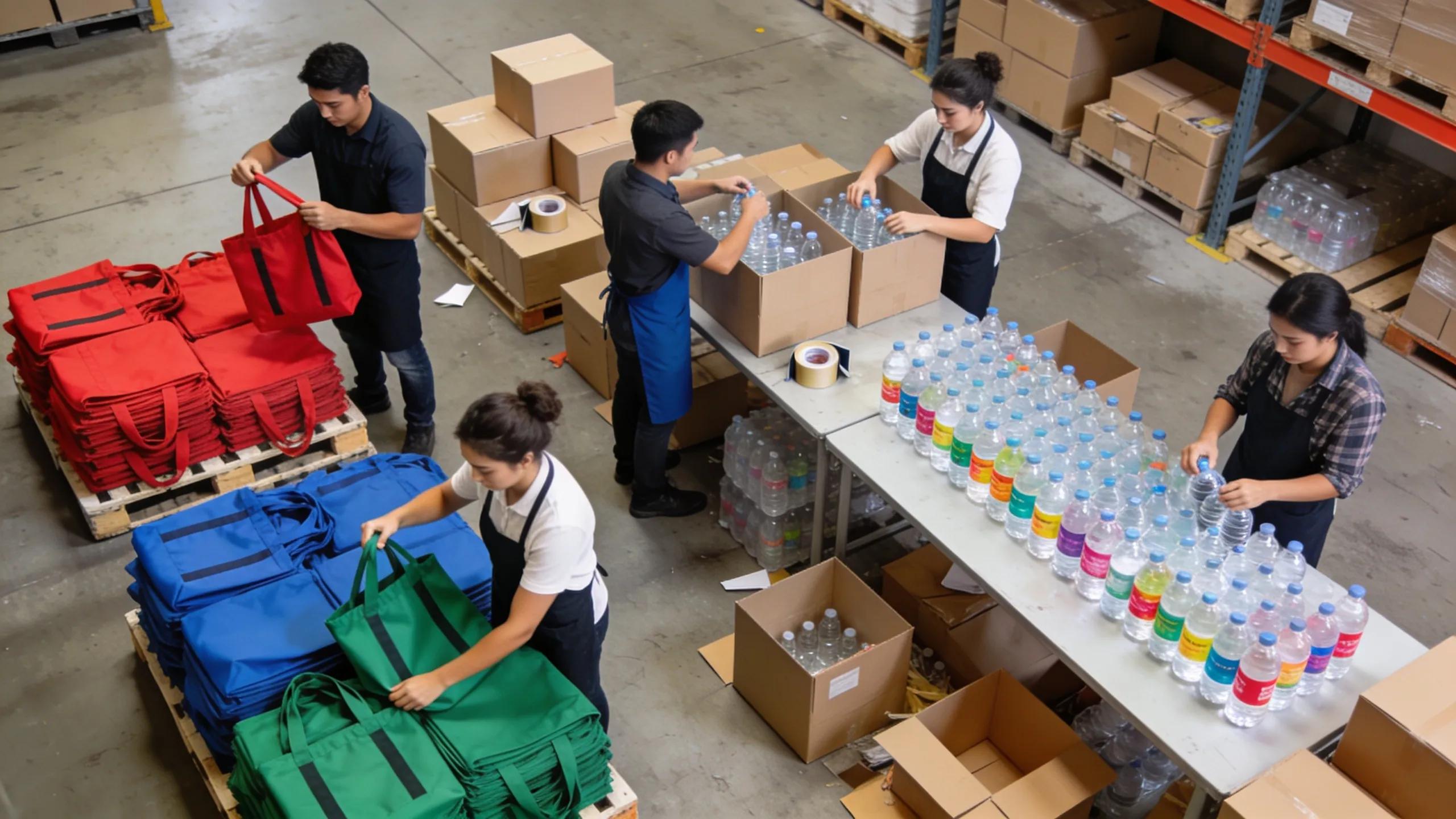 Team members efficiently preparing bulk promotional giveaways in a busy warehouse, featuring tote bags and water bottles.