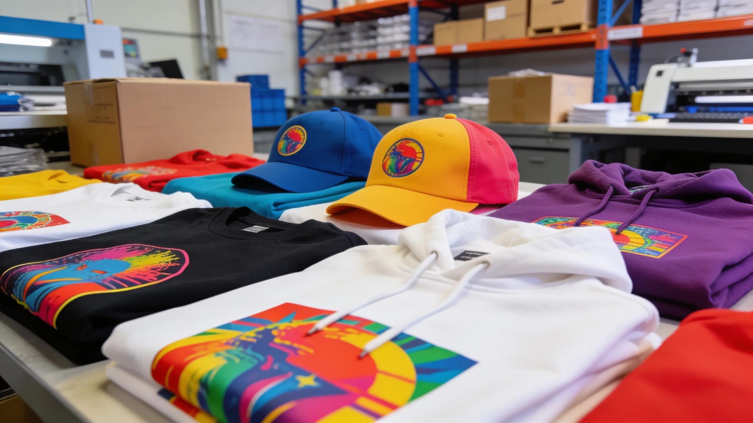Bulk custom apparel items arranged for shipment showcasing diverse vibrant designs
