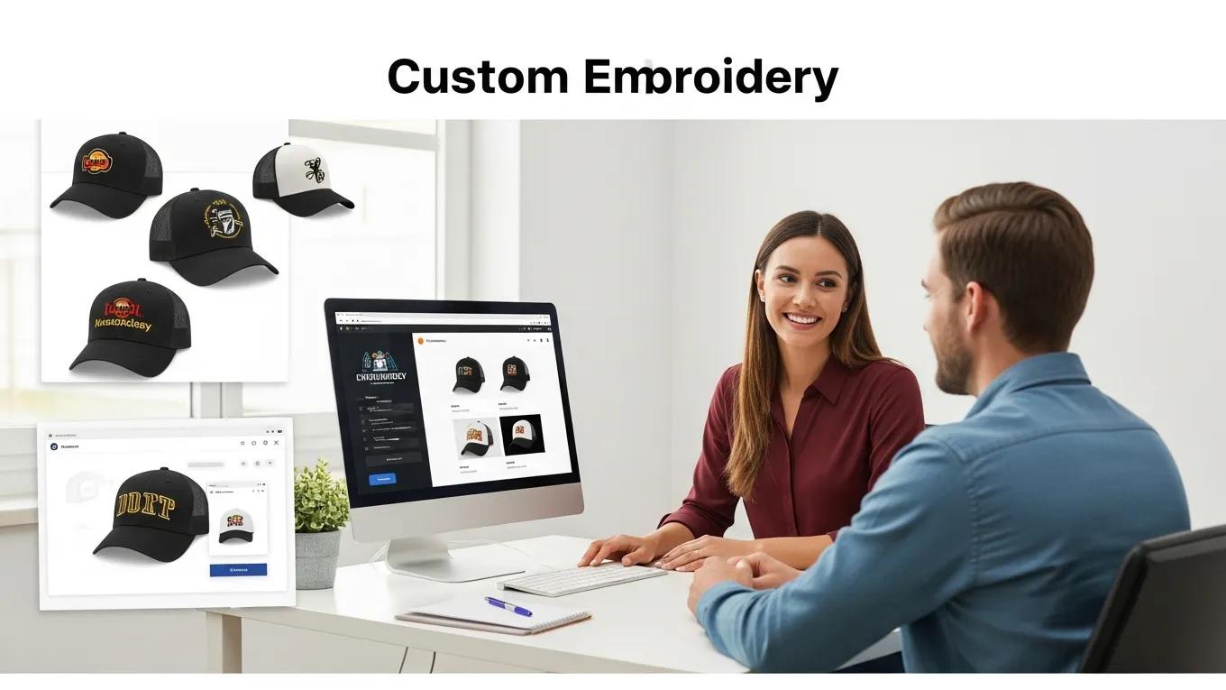 A customer consulting with a representative while using an online platform for customizing embroidered hats