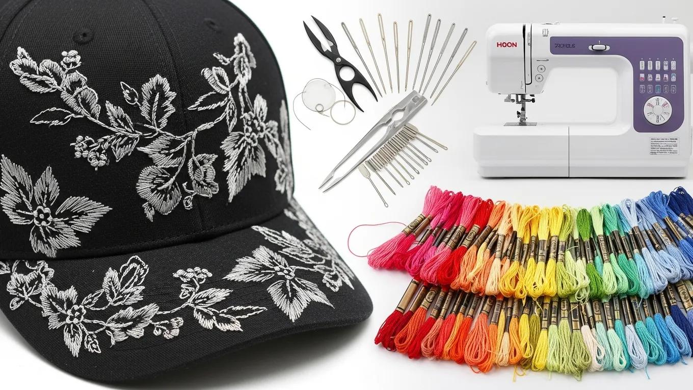 Close-up of a custom hat featuring 3D embroidery techniques alongside a colorful thread palette