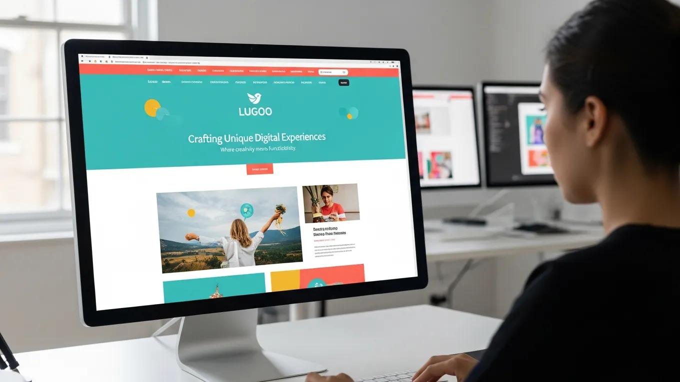 Custom website design featuring unique branding elements and a designer at work