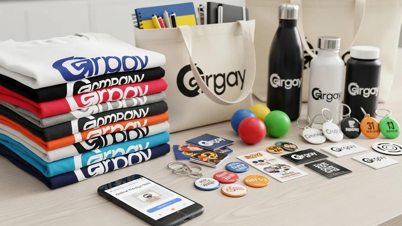 Diverse custom printed promotional products such as apparel and tote bags displayed creatively, reflecting personalized branding