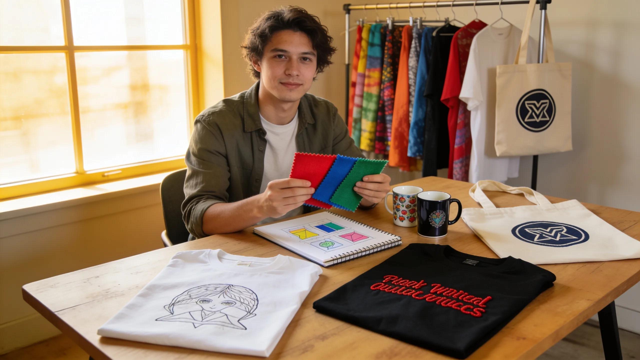 Selection of personalized promotional products including t-shirts and mugs displayed in a creative design workspace.