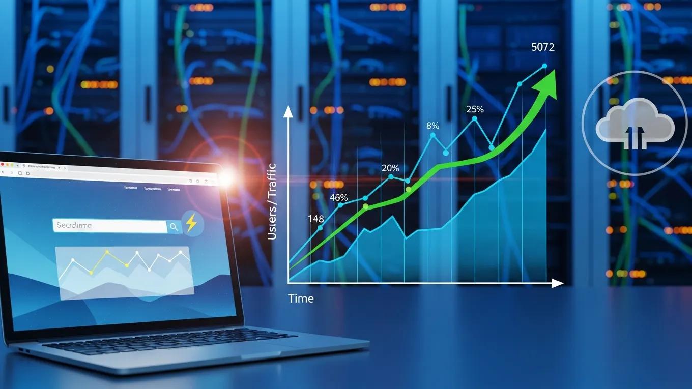 Illustration of website scalability with a graph and fast-loading website on a laptop