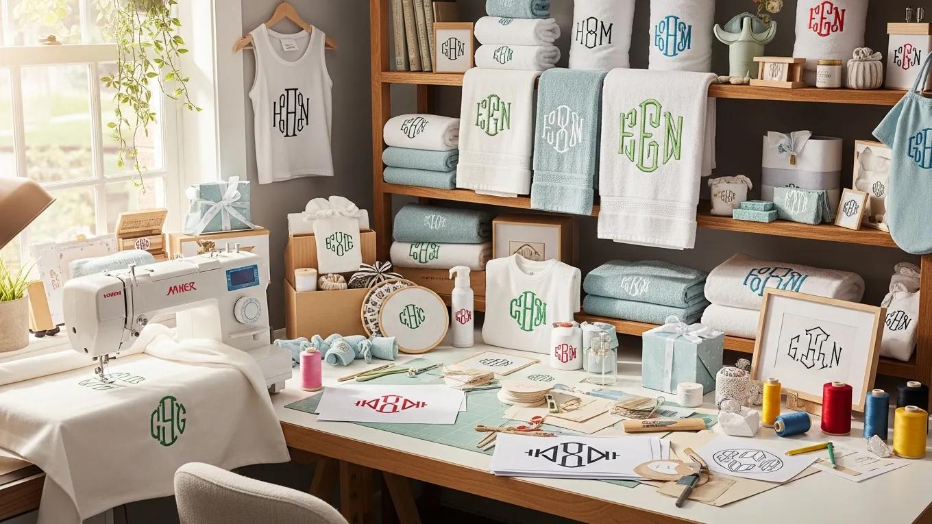 Personalized monogrammed products displayed in a creative workspace, highlighting custom gifts and branding.